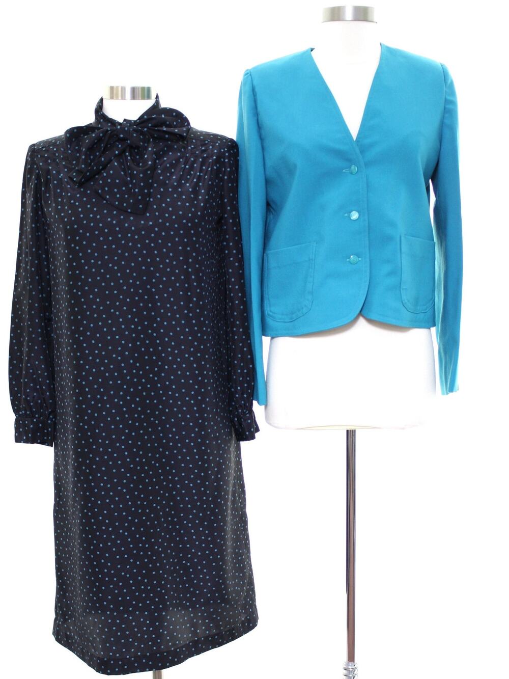 Vintage 80s Black Turquoise Dress Jacket Set Belted Home Sewn Women's Medium